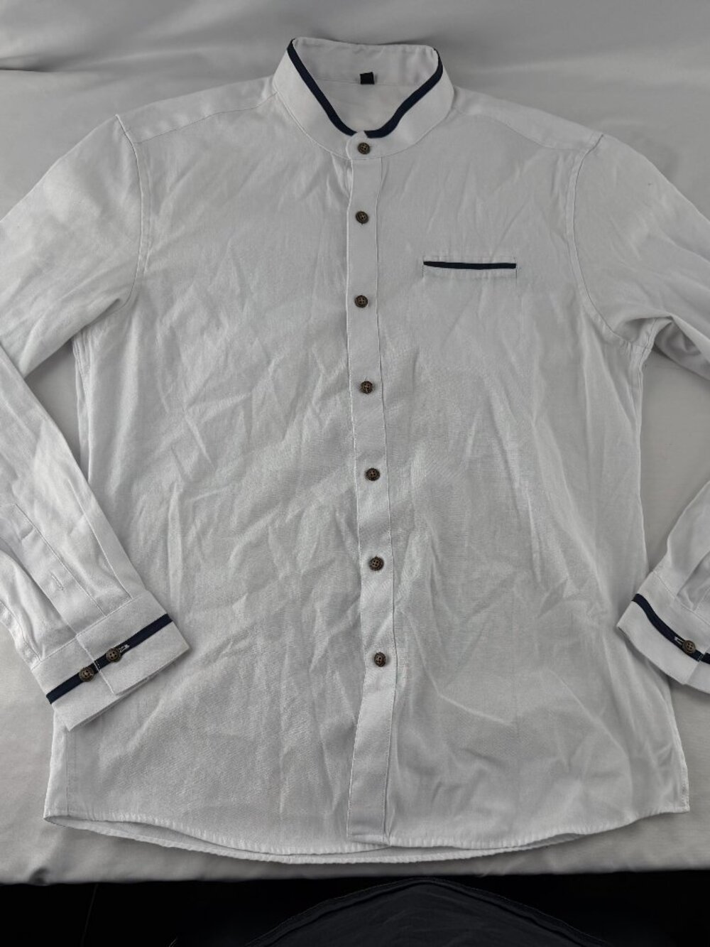 Men's Casual White Mandarin Collar Long Sleeve Button Down Shirt Size L